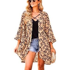 LIME N CHILE Kimono Leopard Print Tan Pink Lightweight Cardigan Women’s SZ Large